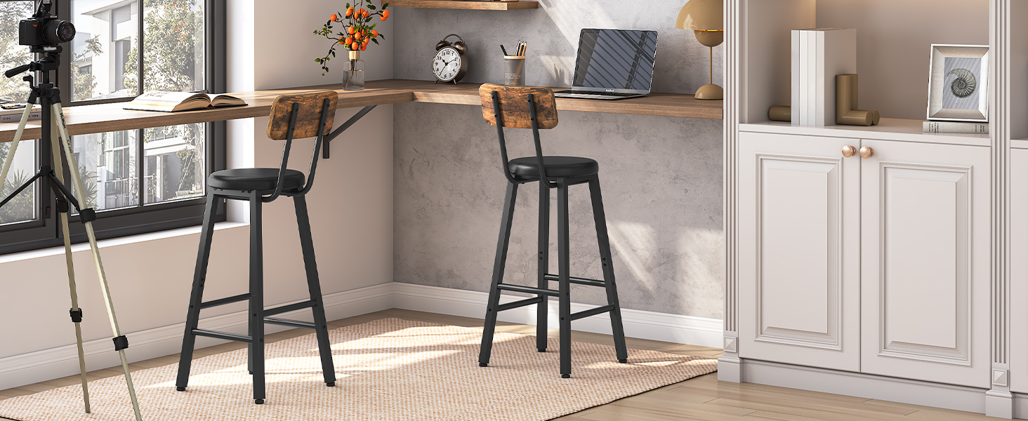 Sada barových stoliček 2, Výškové stoličky, Čalouněné barové židle s opěradlem a nohou, Ergonomický design, pro jídelnu, Kuchyně, Kavárna, Rustikální hnědá a černá