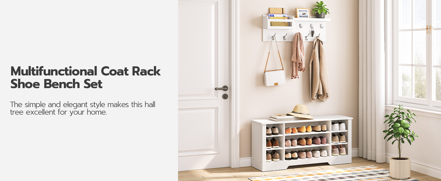 набір взуттєвої лавки для пальто, Накладка для дерева з залу з зберіганням взуття, 39.4 дюйми вхідної стелаж для входу з стійкою для пальто, Грязьова лавка з зберіганням та гачками, Регульовані полиці, білий