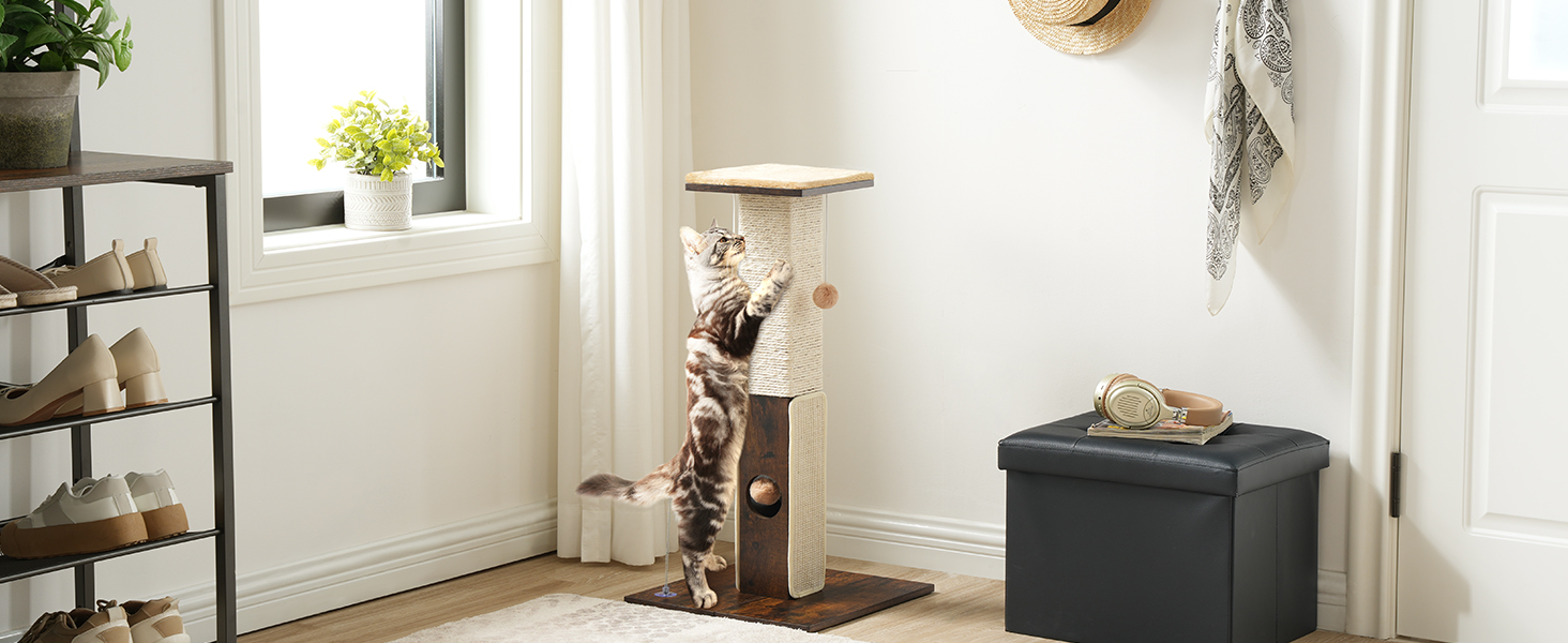 Posta di graffi per gatti per gatti interni, 28.3" Tiragraffi per gatti alti, Tiragraffi per gatti in Sisal con palline nascoste per gatti di taglia grande, Tiragraffi per gatti con attività di graffio per mobili alti, Marrone rustico