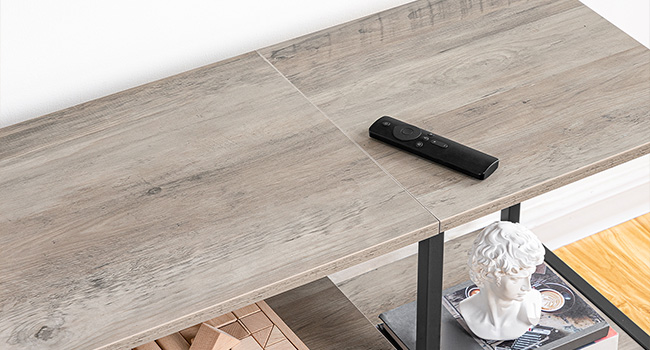 Harmaa televisiojalusta, jossa on voimanpoistot 65 tuumaa, TV -konsolipöytä avoimilla säilytyshyllyillä kaappi, Teollisuusmediaviihdekeskus olohuoneen makuuhuoneeseen, Greige ja musta