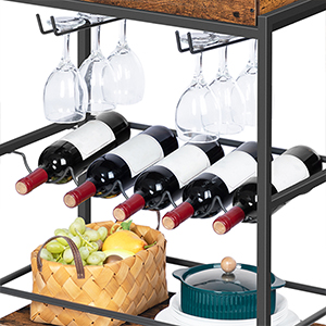 bar cart for the home, 3-tier home rolling cart with wine rack and cup holder, beverage storage cart with removable wooden tray, for kitchen, dining rooms, bar, rustic brown