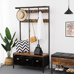 vešiak na topánky lavica na topánky, Veľký strom sály s 3 úložné zásuvky, najvyššia úložná polica a 12 háčiky, priemyselná lavica, 4-in-1 dizajn, na chodbe, obývačka, kovový rám,
