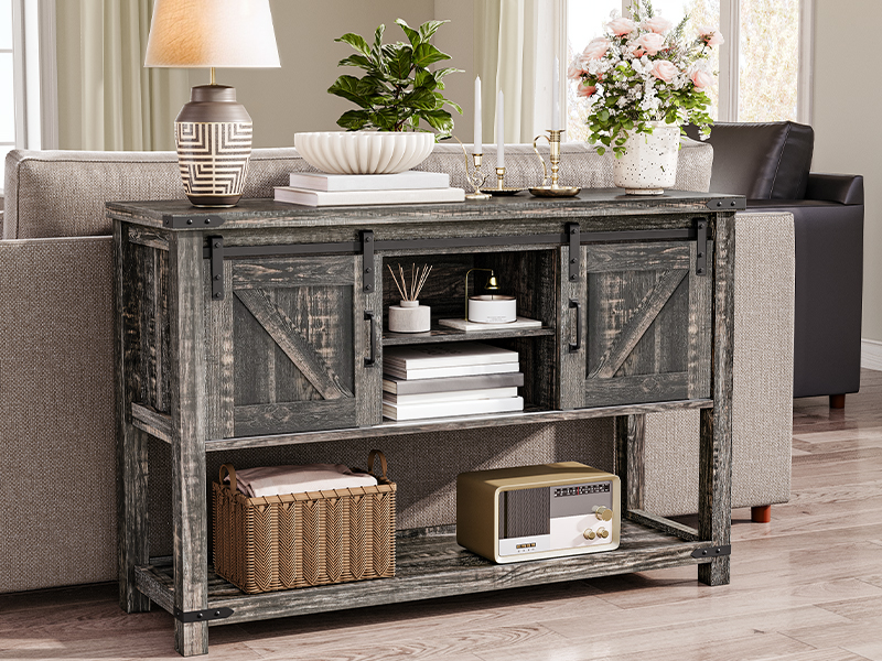 46" Tábla Iontrála Teach Feirme le Stóráil, tábla consóil caol le seilfeanna oscailte agus 2 caibinle, Tábla tolg le doirse sciobóil sleamhnáin, Chun halla, seomra suí, Grey Vintage