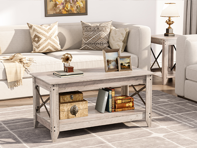 mesa de café, Mesa de café da Farmhouse para sala de estar, 2-mesa central de camada com prateleira de armazenamento, X Design Metal Side Frame, montagem fácil, para apartamento, Sala de recepção, cinza