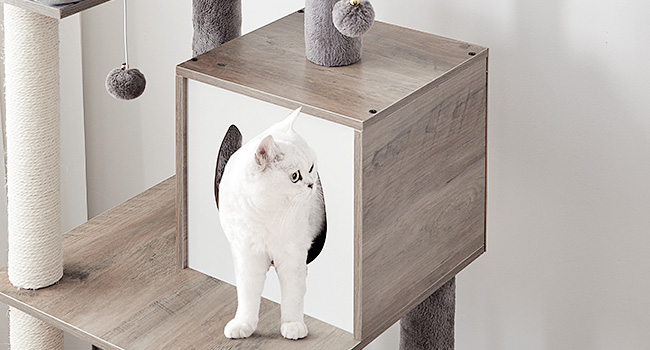 Kočičí strom, 58.3 Palcová kočičí věž pro domácí kočky, Dřevěný domeček pro kočky s 2 Kočičí houpací sítě, Moderní kočičí byt s kočičími škrabadly, Cat Teaser Sticks, Měkká bidélka, řecký