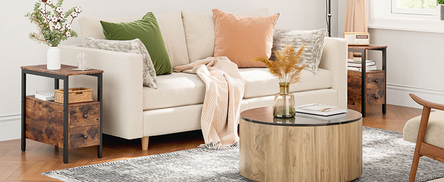 Boční stůl postele, Úzký židle se zásuvkou a otevřenou úložnou policí, Noční stojan pro malé prostory, stabilní a robustní konstrukce, Dřevěný vzhled přízvuku nábytek, Rustikální hnědá a černá