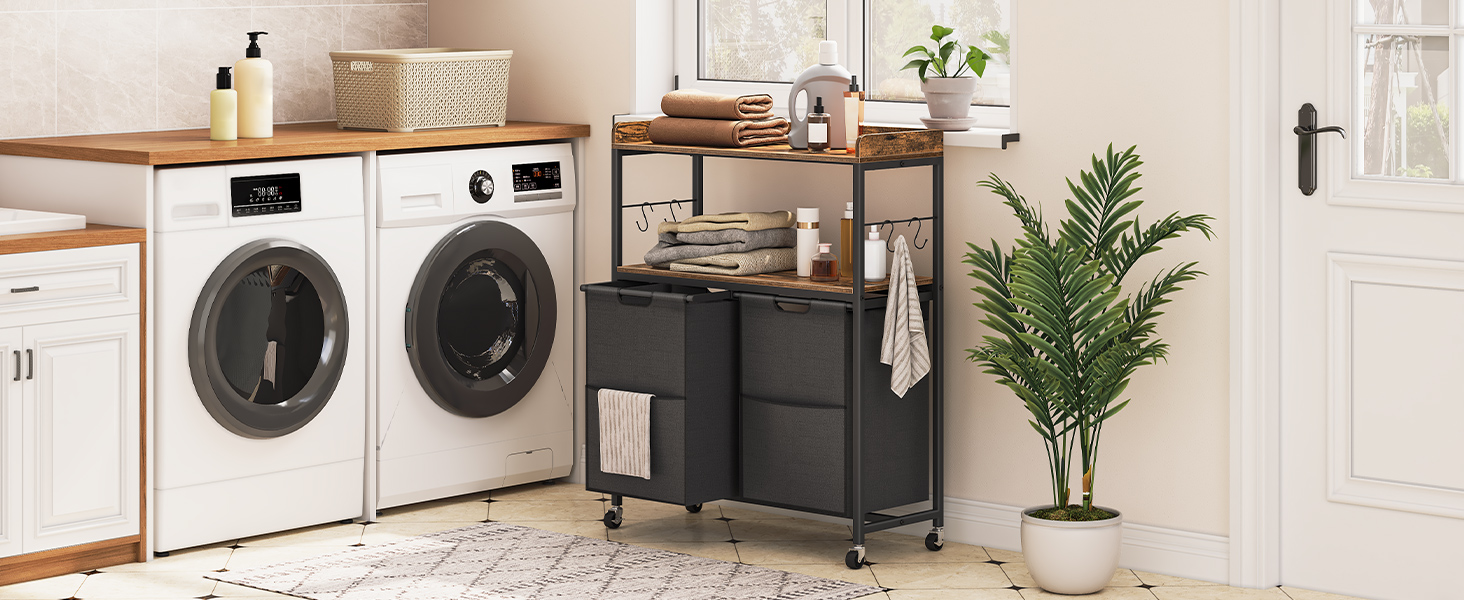 wasmand, wasmand met haken, wassator met 2 uittrekbare en verwijderbare tassen, 2 planken, badkamer, wasruimte, Rustiek bruin en zwart