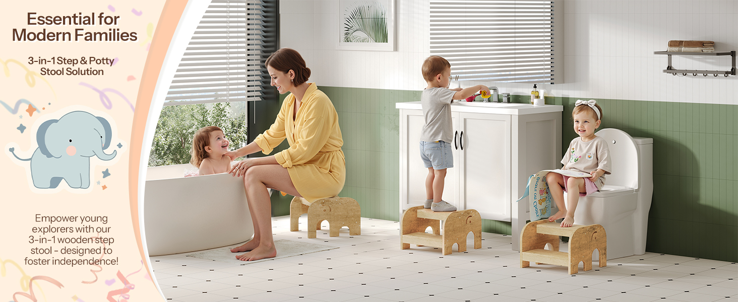 Opstapje voor peuters, Olifant-vormige houten tweedaags stapstoel voor kinderen