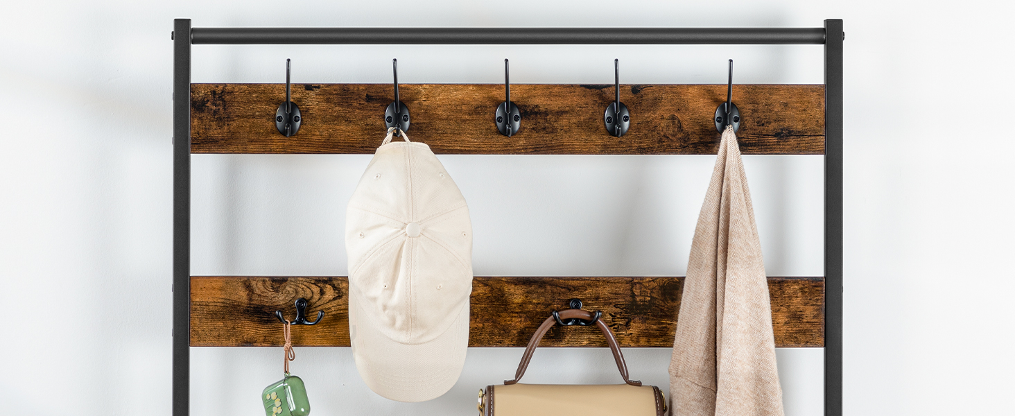 Βιομηχανικό παλτό, Ρουστίκ καφέ και μαύρο ράφι με αποθήκευση παπουτσιών, Δωρεάν δέντρο αίθουσας με 9 Άγκιστρα, Παπούτσι και ράφι παλτών για διάδρομο, Είσοδος, Μεταλλικό Πλαίσιο, Ισχυρός