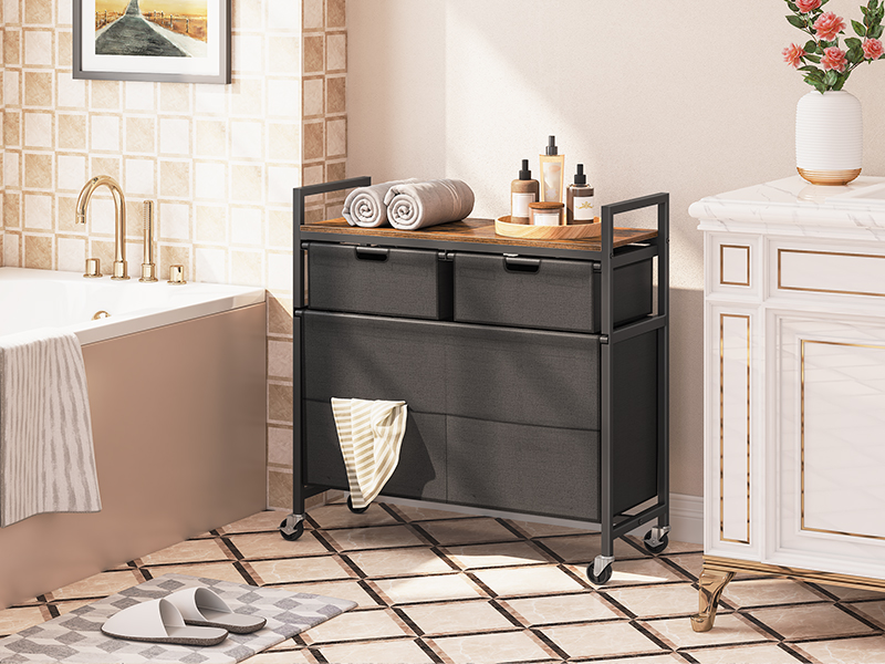 pralnia z wózkiem z 3 kosze na pranie, 28.7 gal (109l), Sorter pralni 3 przedział, Wyciągnij i zdejmowane torby na pranie, sypialnia, łazienka, pralnia, rustykalny brąz i czarny