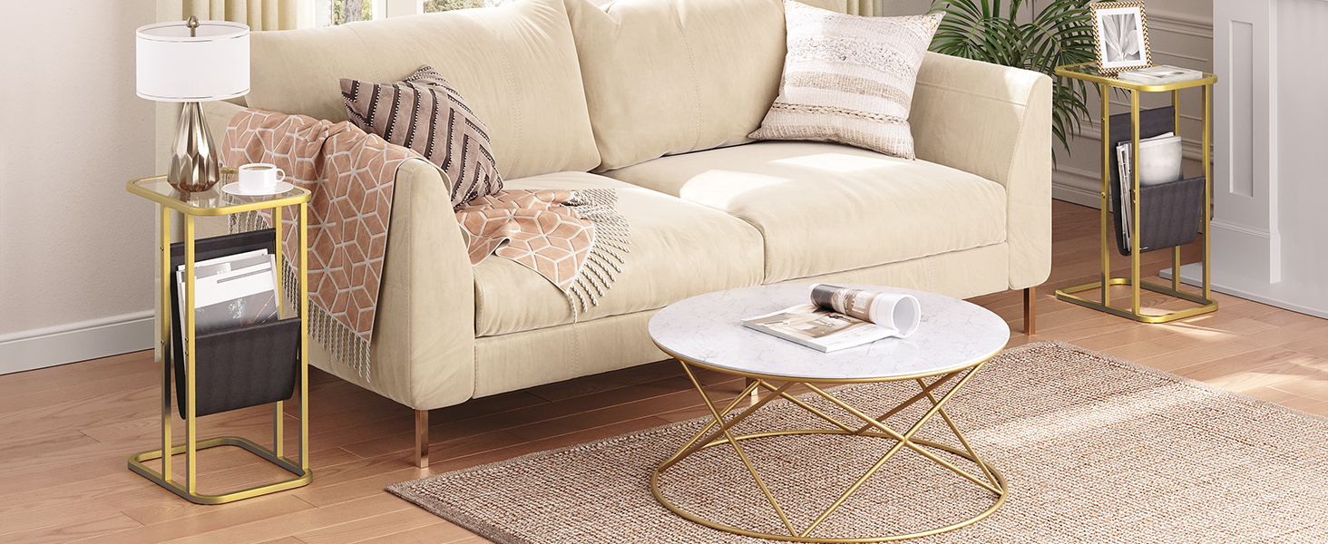 طاولة نهاية على شكل C, طاولات جانبية صغيرة للأريكة والسرير, طاولة تلفزيون بإطار معدني, طاولة الوجبات الخفيفة من الزجاج المقسى للمساحات الصغيرة, غرفة الجلوس, غرفة نوم, تجميع سهل, ذهب