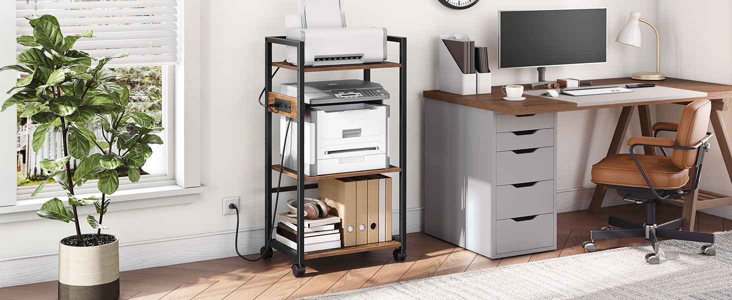 Şarj istasyonu ile bilgisayar kulesi ve yazıcı standı, 3 Ayarlanabilir depolama raflı büyük yüksek uzun yazıcı tablosu, PC Standı, Ev Ofisi için Shredder Rafı, rustik kahverengi