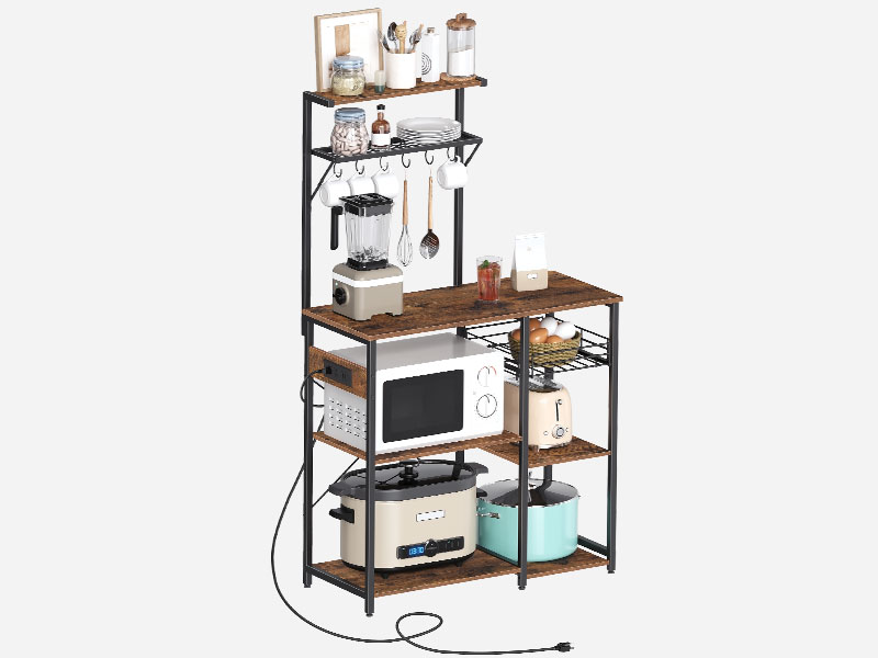 пекарські стійки з розеткою, Мікрохвильова підставка, промисловий кавовий бар з дротяним кошиком, Кухонна стійка для зберігання з 6 s-подібні гачки, для спецій, каструлі та сковорідки, сільський коричневий