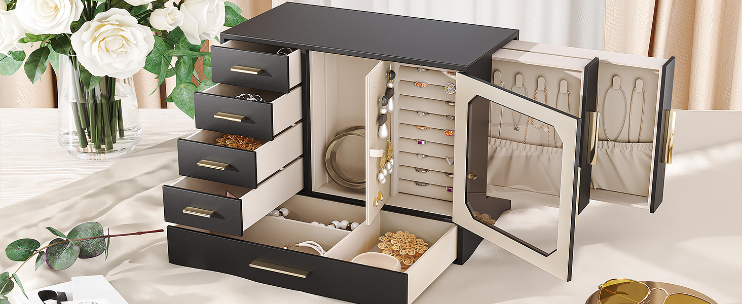 Bosca jewelry le fuinneog ghloine, Bosca Eagraí Seodra Cumas Mór, Bosca stórála jewelry, 5 Eagraí Sealbhóra Jewelry Ciseal, Stíl Nua-Aimseartha, Bronntanas na Nollag, Óir Dubh agus Solas