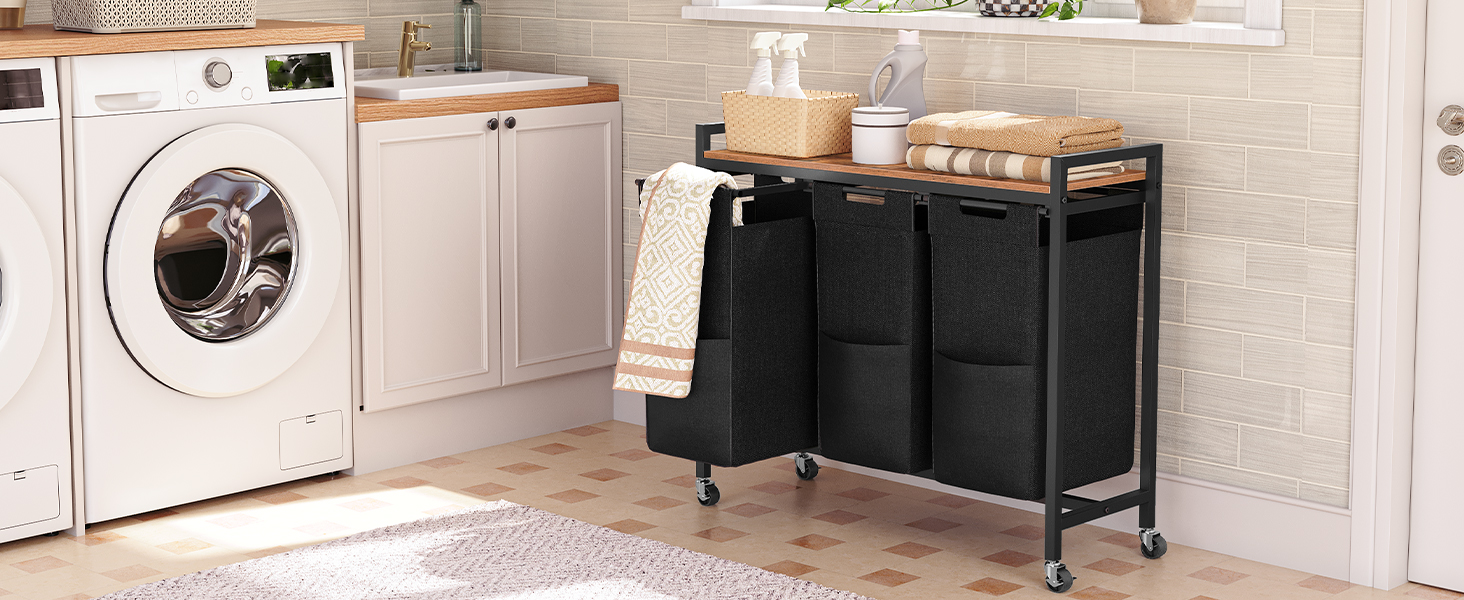 wasmand, wassorder 3 sectie, wasmand met wielen, 3 X 10.5 meid (39.8l), rollende kar, Uittrekbare en verwijderbare wasserijtassen Oxford Fabric, Rustiek bruin en zwart