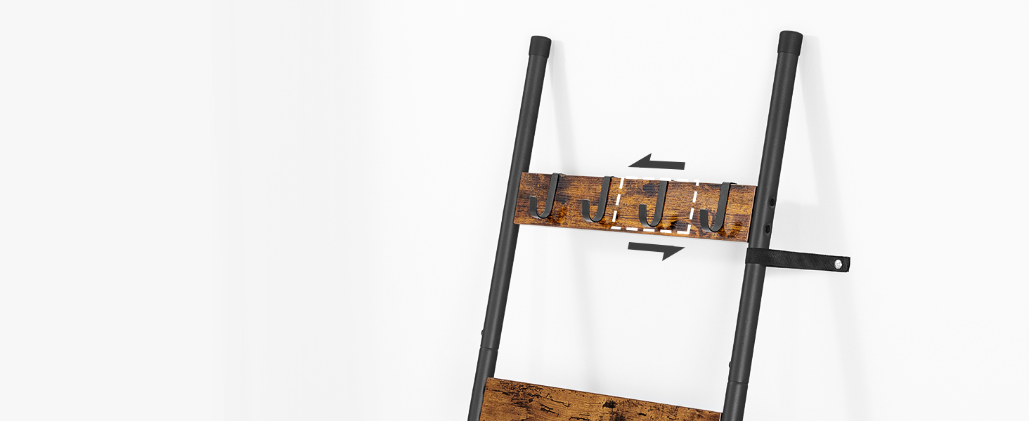 Scala coperta, 5-Portasciugamani da appoggio a più livelli con ganci, Porta coperte da parete, Mensola decorativa per scaletta espositiva, Sciarpe, Industriale, Soggiorno, Camera da letto, Rustico marrone e nero