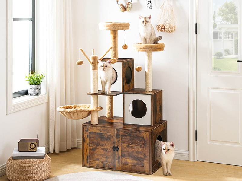 شجرة القطط مع صندوق القمامة, 2 المنصات والمنصات القط, برج القط للقط الداخلية, أثاث صندوق القمامة المخفي, 2-شقة Cat IN-1 مع الأراجيح, خدش المشاركات, بني ريفي