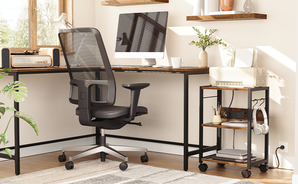 3-Стенд мобільного принтера рівня, кочення кошику з розетками та портами USB, КАРТА ПРОМИСЛОВИЙ ПРИНТЕР, домашня утиліта для зберігання з 2 гачки, для офісу, вітальня, сільський коричневий