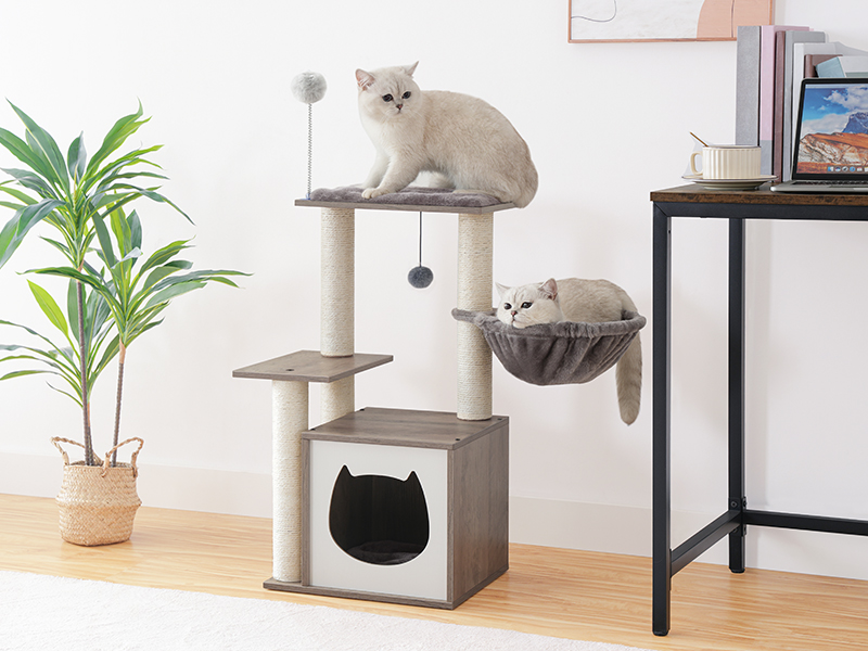 Drzewo kotów dla kotów wewnętrznych, nowoczesna wieża kotów dla kociąt pod 10 funty, Drzewo kotów z hamakiem, drewniane mieszkanie kotów z słupkami drapiącymi kotami, Wyjmowane poduszki do prania, Grair