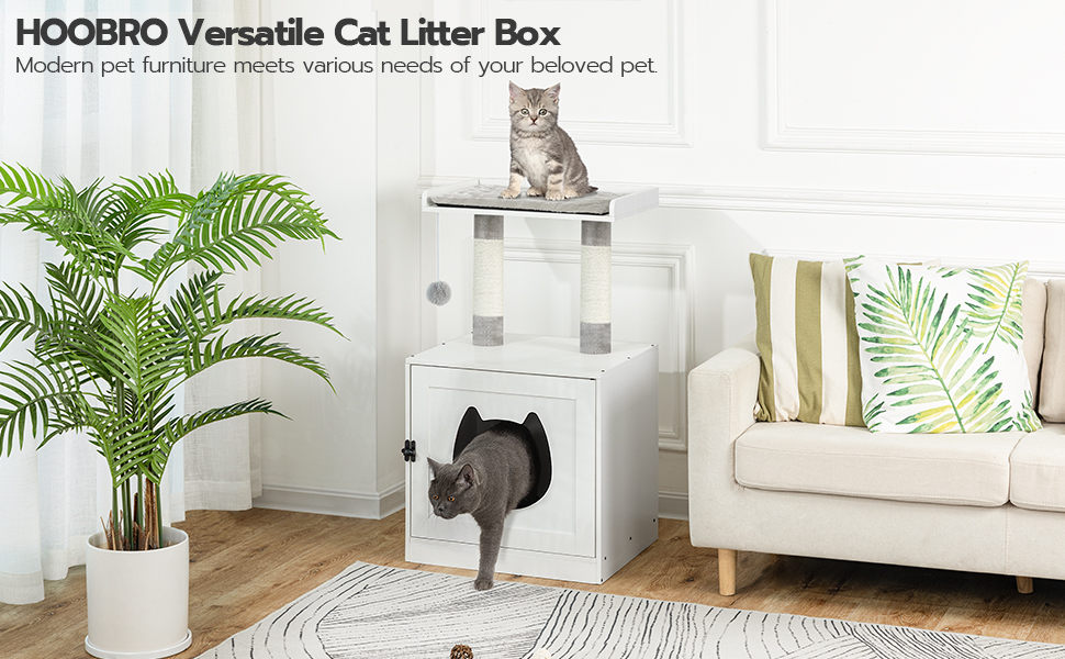 Kullboksen kabinett med kattetårnetårn, kattes søppelboks møbler skjult med søt inngang, Privat vaskerom med sisal skrapestillinger, Cat Head Door og stor plattform, hvit