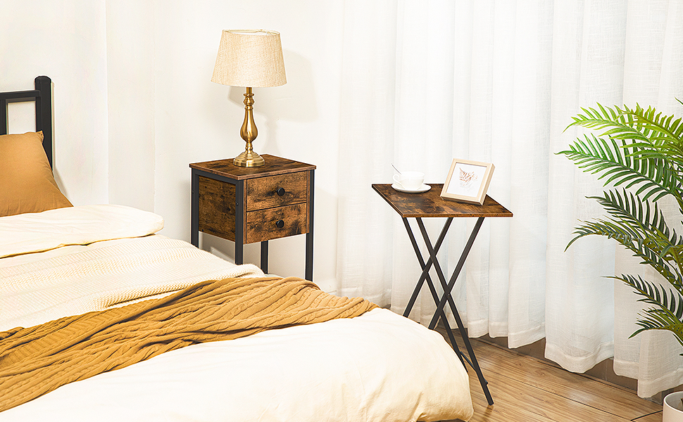 Korkea yöpöytä, Sänkypöytä 2 Laatikot ja säilytyshylly, Teollisuuspuhelinpöytä opiskeluun, Makuuhuone, Sivupöydän tilan säästö, Helppo kokoonpano, Maalaismainen ruskea ja musta