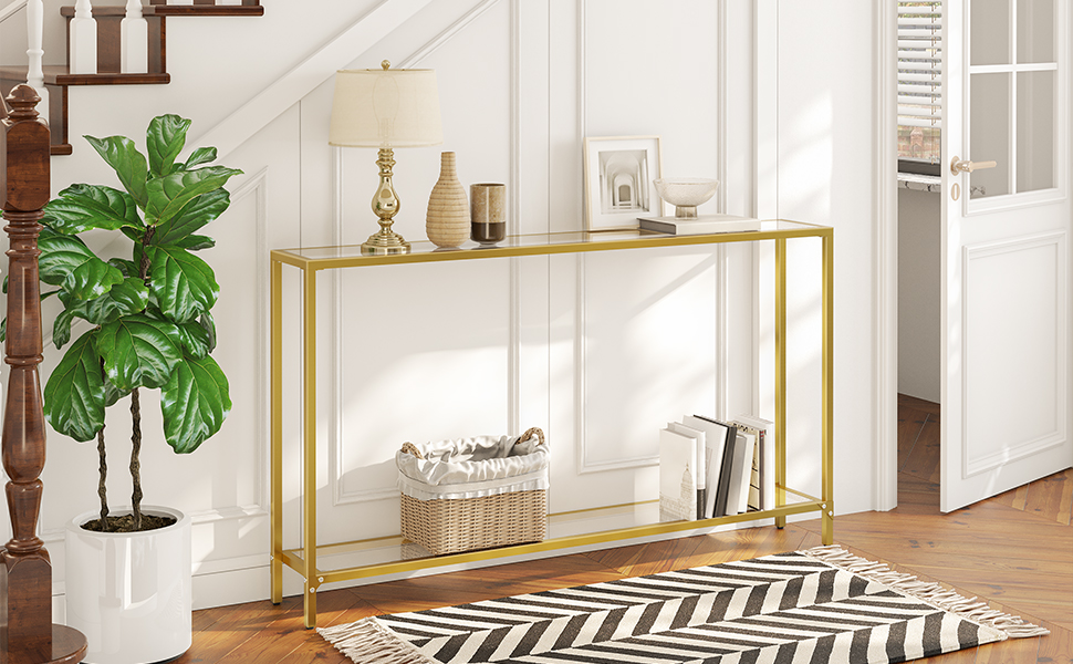 55.1" kultakonsolipöytä, kapea karkaistu lasi -sisäänkäyntipöytä, sohvapöytä sohvan takana, moderni tyyli, metallikehys, käytävällä, olohuone, kulta