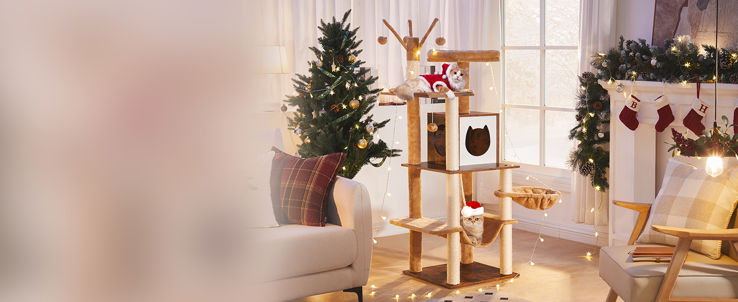 Kattetre, 58.3 Tommer kattetårn for innendørs katter, Tre katt hus med 2 Katt hengekøyer, Moderne katteleilighet med katteskrapende innlegg, Cat Teaser Sticks, Myke abbor, Rustikk brun