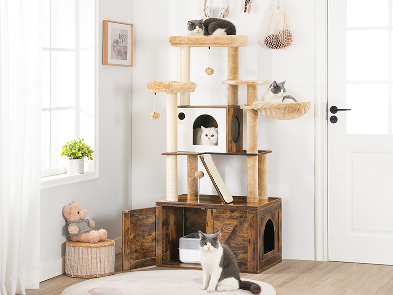 Kattetræ med kattebakke, 59.1 Høje 2-i-1 alsidige kattårnet med skjult kuldkasse møbler, Cat condo, Dinglende bolde, Skrabe indlæg, Skrabebræt, Rustik brun