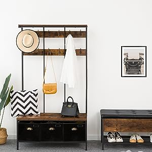 vešiak na topánky lavica na topánky, Veľký strom sály s 3 úložné zásuvky, najvyššia úložná polica a 12 háčiky, priemyselná lavica, 4-in-1 dizajn, na chodbe, obývačka, kovový rám,