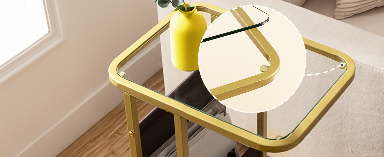 طاولة نهاية على شكل C, طاولات جانبية صغيرة للأريكة والسرير, طاولة تلفزيون بإطار معدني, طاولة الوجبات الخفيفة من الزجاج المقسى للمساحات الصغيرة, غرفة الجلوس, غرفة نوم, تجميع سهل, ذهب