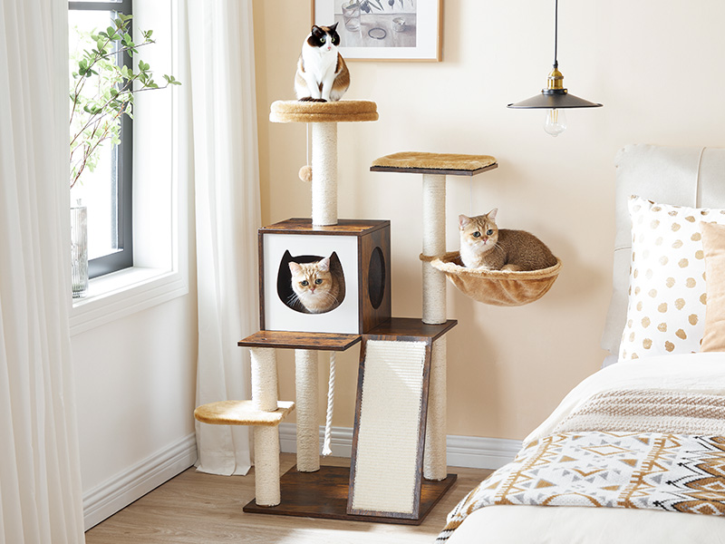 crann cat do chait faoi dhíon, 44 orlach orlach cat túr adhmaid, condo cat nua -aimseartha le poist scríobadh cat, Teach súgartha cat il-leibhéil le cat hammock, 2 barr péirse, Liathróidí Bréagáin, donn tuaithe