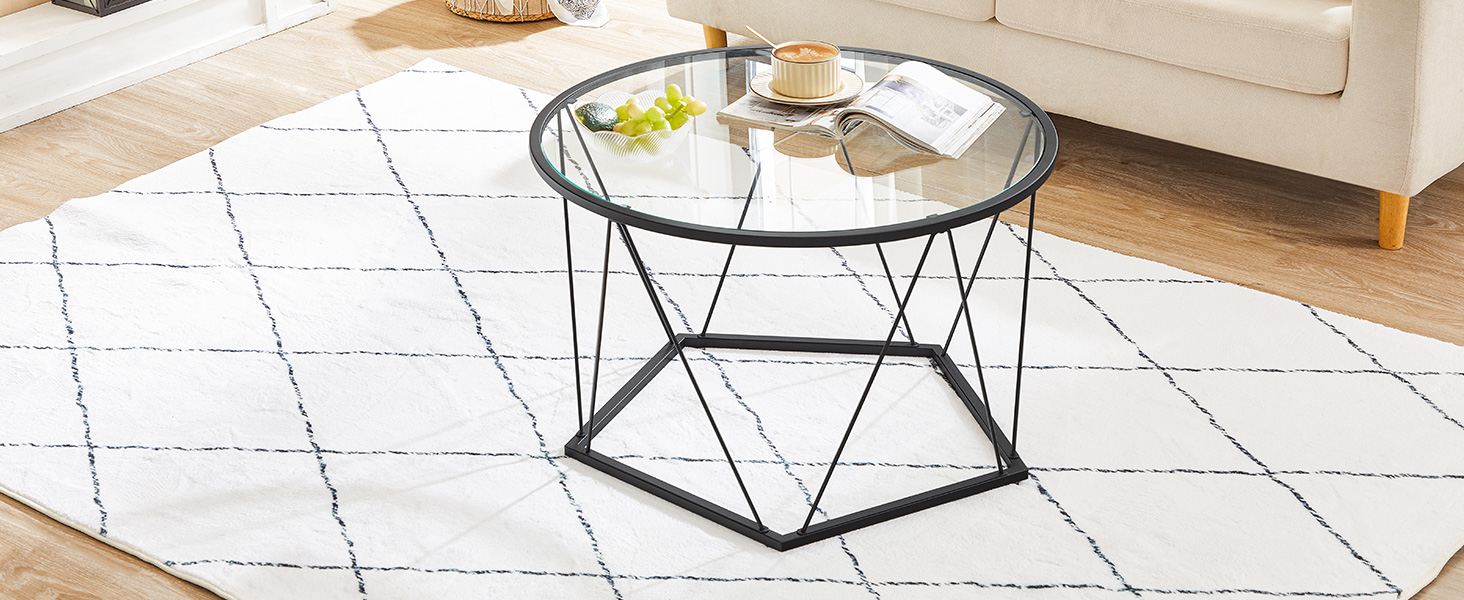 Dohányzóasztal, Fekete üveg dohányzóasztal a nappalihoz, 27.6" Kerek dohányzóasztal, 1 Rétegközponti asztal, Fém keret, Hatszögletű kialakítás, a Small Space számára, Fogadószoba, Lakás, Fekete