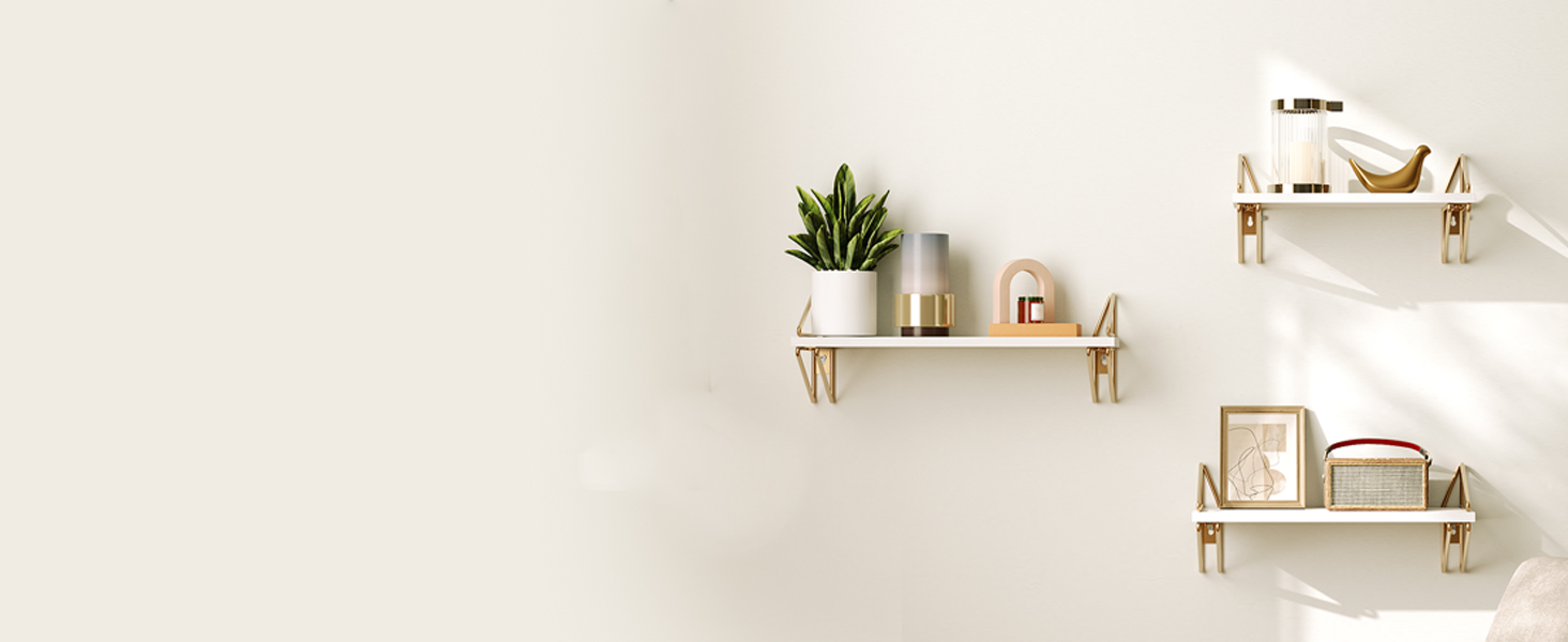 Úszó polcok, Úszó fali polcok, Állítsa be 3, Falra szerelt függő polc, Dekoratív tárolópolcok, a Nappalihoz, Hálószoba, Előszoba, Konyha, Fürdőszoba, Fehér és arany
