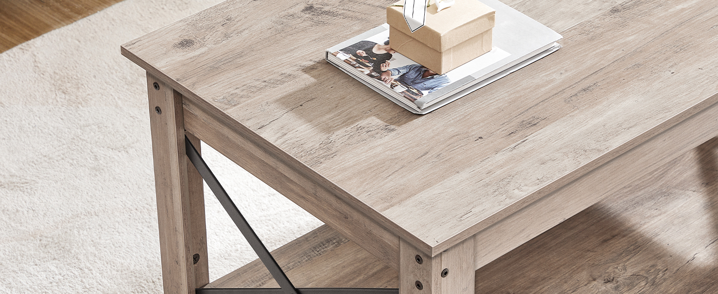 mesa de café, Mesa de café da Farmhouse para sala de estar, 2-mesa central de camada com prateleira de armazenamento, X Design Metal Side Frame, montagem fácil, para apartamento, Sala de recepção, cinza