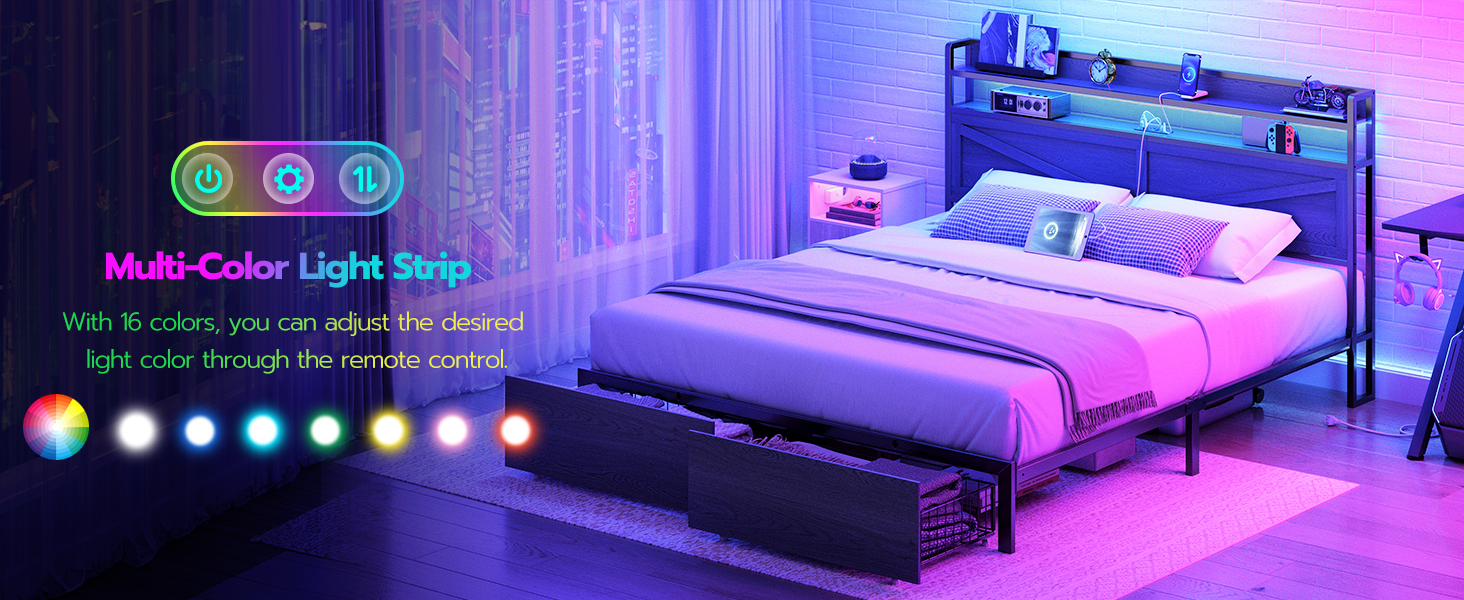 Σκελετός κρεβατιού Queen Size, Πλαίσιο κρεβατιού LED με κεφαλάρι σταθμού φόρτισης και 2 Συρτάρια αποθήκευσης Ποδοπόδι, Στιβαρό πλαίσιο κρεβατιού με μεταλλική πλατφόρμα βιομηχανικού στιλ, Δεν χρειάζονται ελατήρια κουτιού, Μαύρος