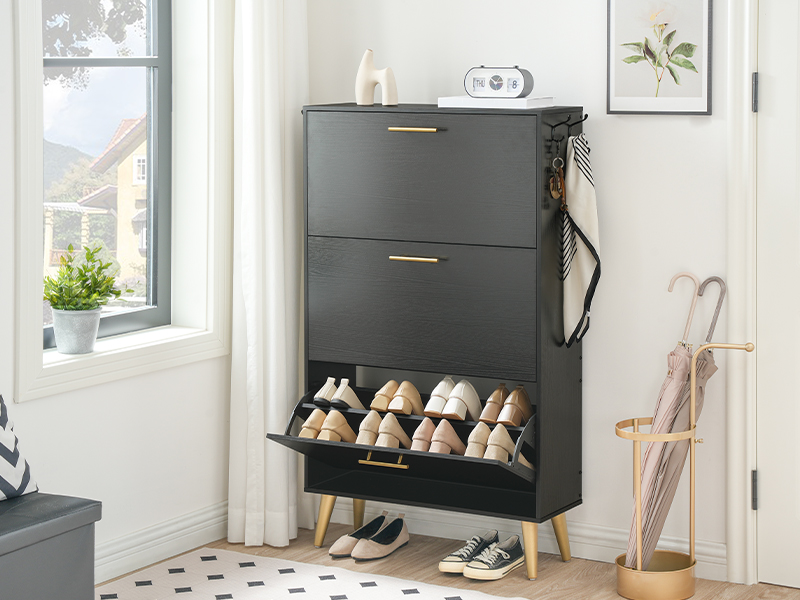 Schuhschrank, Schuhschrank für den Eingangsbereich, versteckter Schuhschrank mit dem Trinkgeld mit einem Schuhschrank mit 3 Flip-Schubladen, Schuhregal Organizerschrank mit Kleiderhaken, Für den Eingang, Kleiderschrank, Schwarz