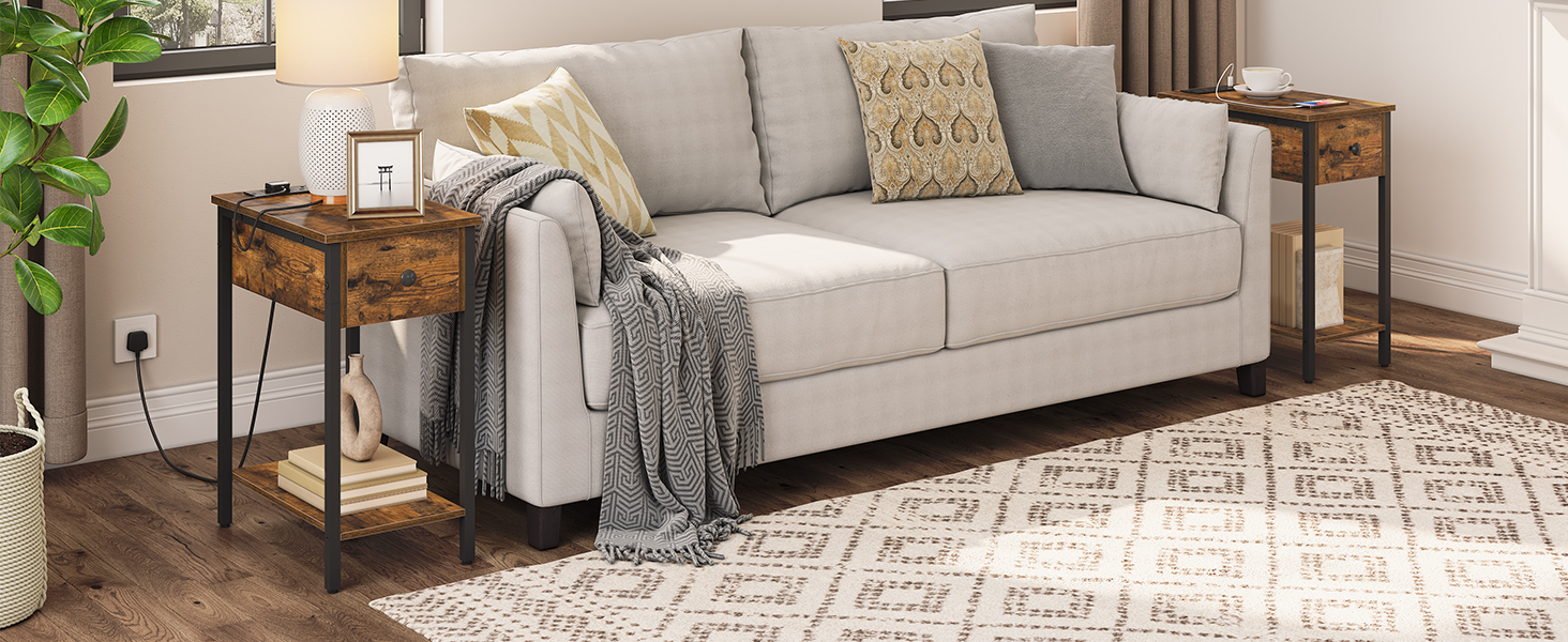 schmuel Säit Dësch, Slim Bettsahn Tabelle mat Opluedstatioun, USB Ports & Power Outlets, Nuetsstand fir Wunnzëmmer, Schlofkummer, flip Top, rustikal brong a schwaarz