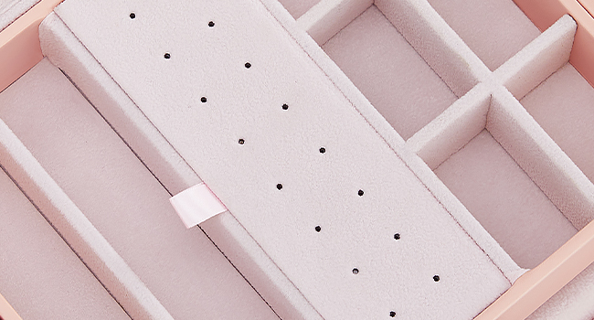 Joyero con espejo, Caja organizadora de joyas de gran capacidad., Estuche de joyería portátil para mujeres, Zonificación múltiple, Estilo moderno, Rosa