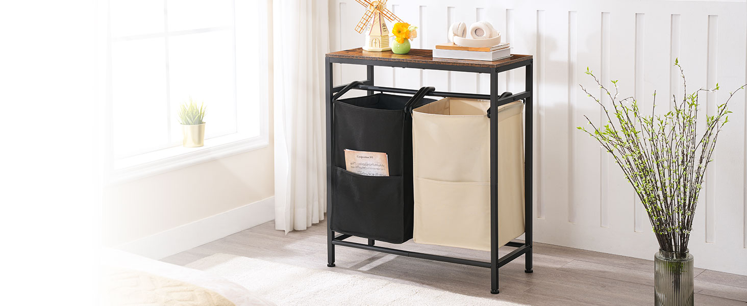 prekážať, 26 gal (99l), košík na práčovňu, triedič bielizne 2 sekcia, 2 x tote vrecká na bielizeň, 27.6"l x 11.8"w x 32.3"h, práčovňa, kúpeľňa, spálňa, rustikálny hnedý a čierny