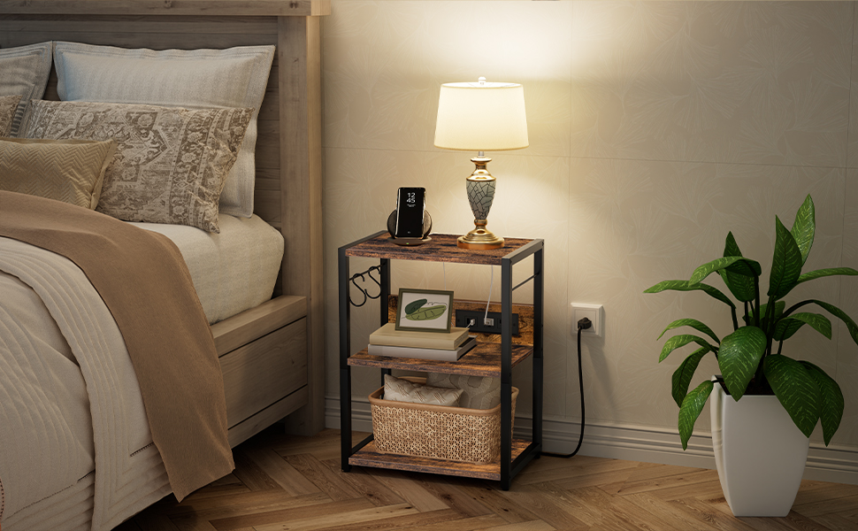 3-Стенд мобільного принтера рівня, кочення кошику з розетками та портами USB, КАРТА ПРОМИСЛОВИЙ ПРИНТЕР, домашня утиліта для зберігання з 2 гачки, для офісу, вітальня, сільський коричневий