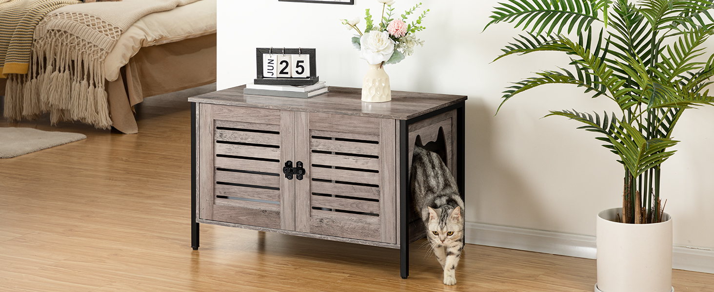 skříňka na kočičí krabice, Skrytý nábytek na krabici s odpadkem s podložkou závěrky a kočičí hlavou, vstup do kočky může být vlevo nebo vpravo, Kočičí toarota zapadla většinu krabice na odpadky, šedá