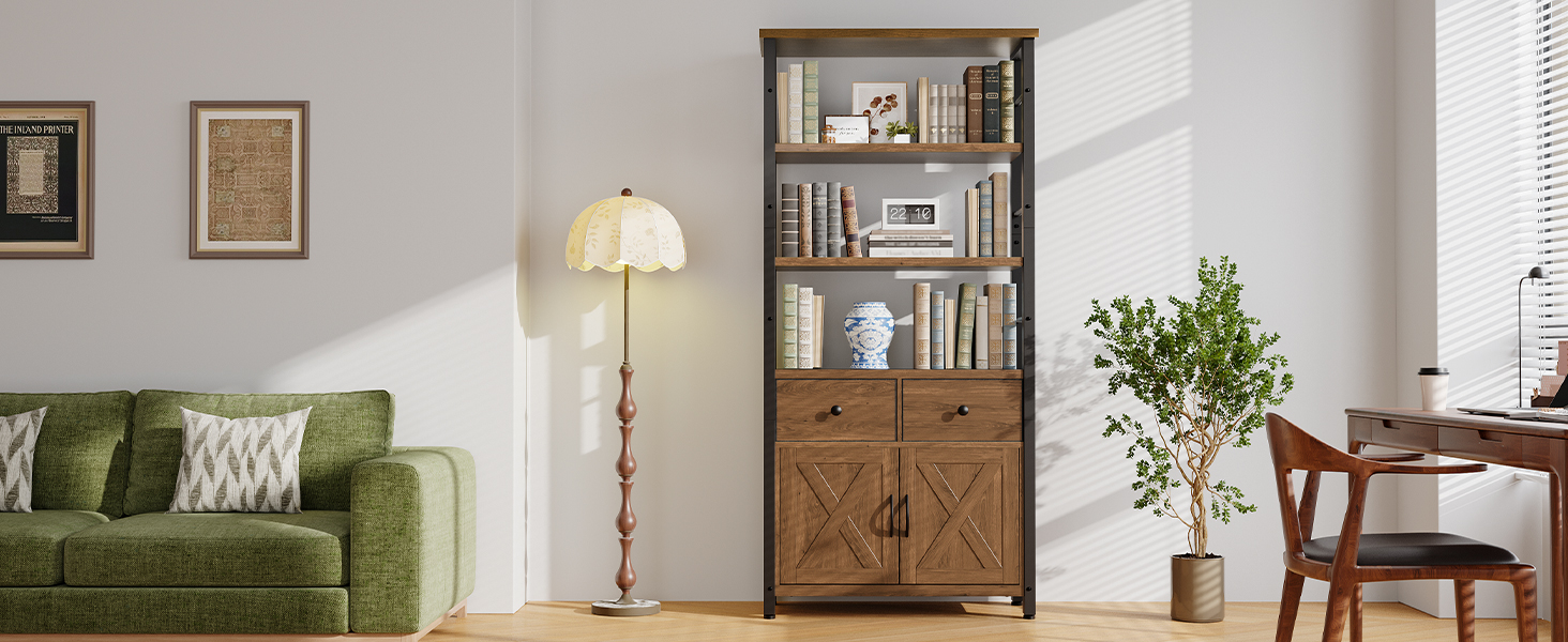 5-Bibliothèque de niveau, Grande bibliothèque avec tiroirs et armoire de rangement