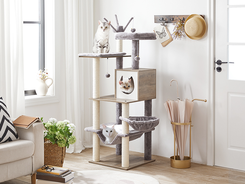 Kočičí strom, 58.3 Palcová kočičí věž pro domácí kočky, Dřevěný domeček pro kočky s 2 Kočičí houpací sítě, Moderní kočičí byt s kočičími škrabadly, Cat Teaser Sticks, Měkká bidélka, řecký